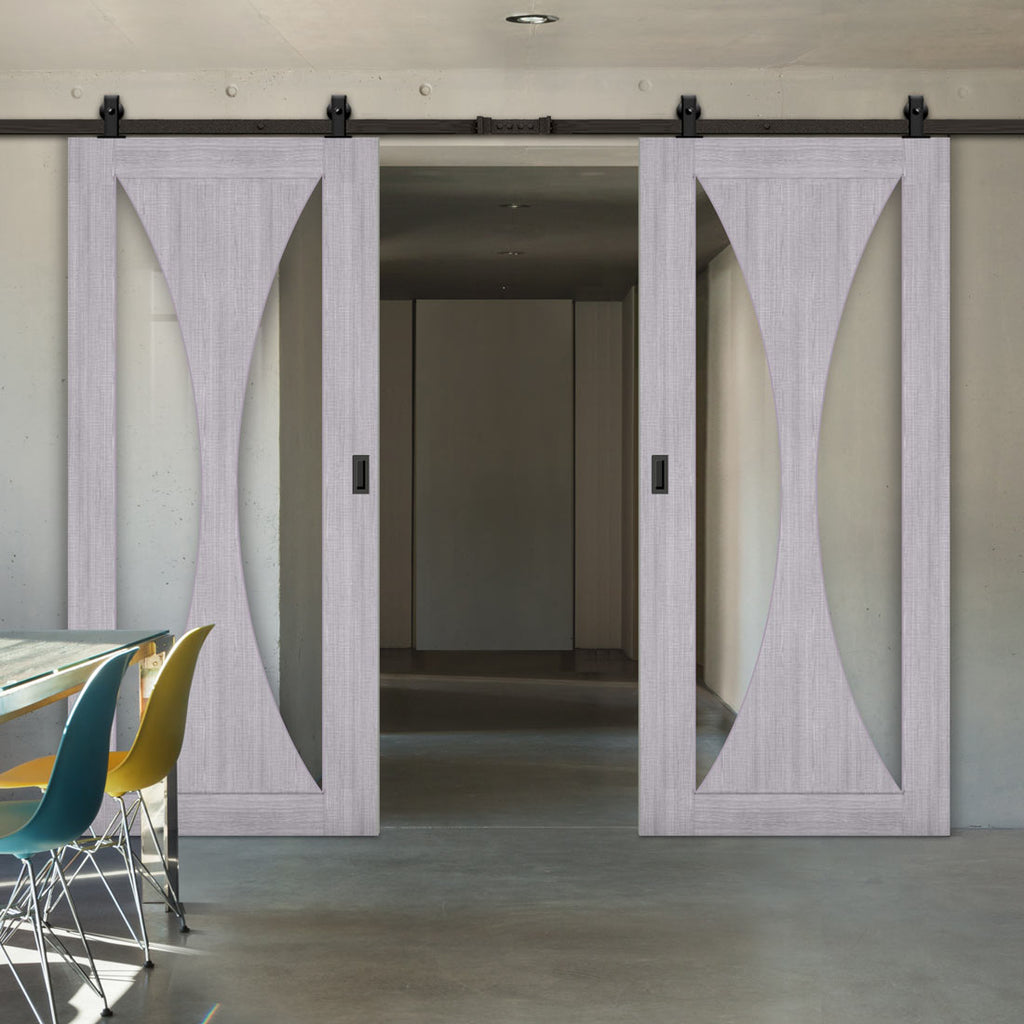 Top Mounted Black Sliding Track & Sorrento Prefinished Light Grey Ash Double Door - Clear Glass