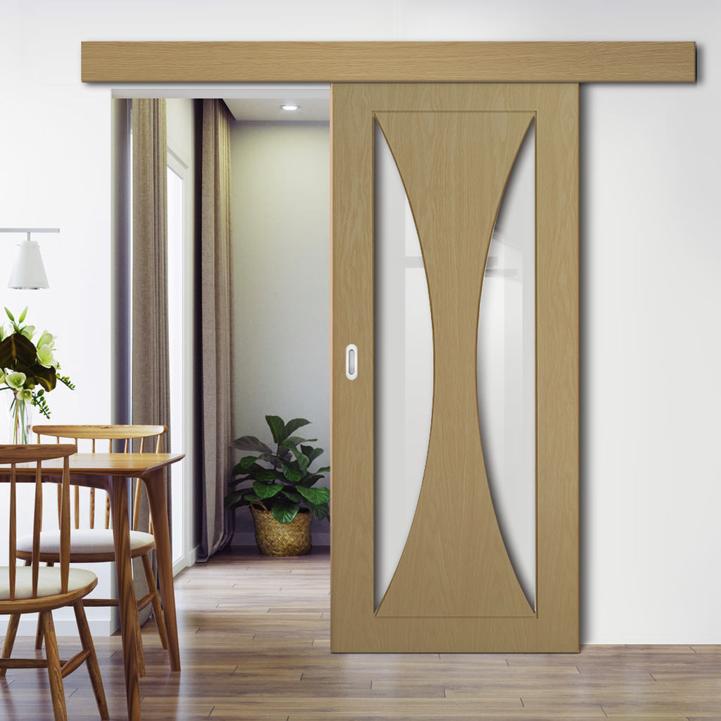 Single Sliding Door & Wall Track - Sorrento Oak Door - Clear Glass - Prefinished