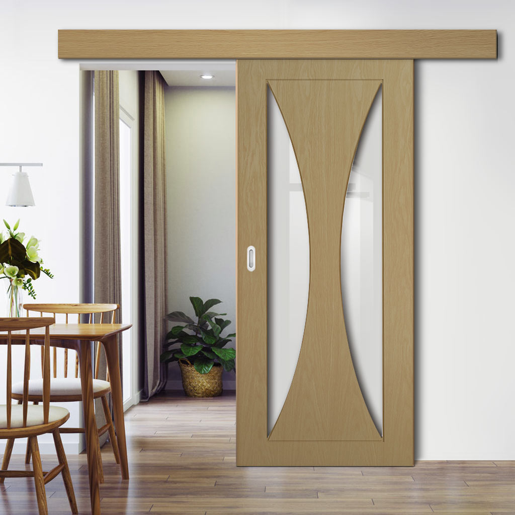 Single Sliding Door & Wall Track - Sorrento Oak Door - Clear Glass - Prefinished