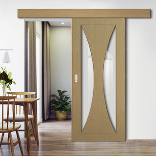 Image: Single Sliding Door & Wall Track - Sorrento Oak Door - Clear Glass - Prefinished