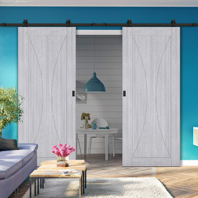Top Mounted Black Sliding Track & Sorrento Prefinished Light Grey Ash Double Door