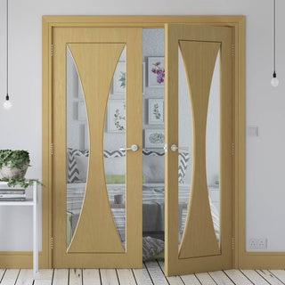 Image: Sorrento Oak Internal Door Pair - Clear Glass - Prefinished