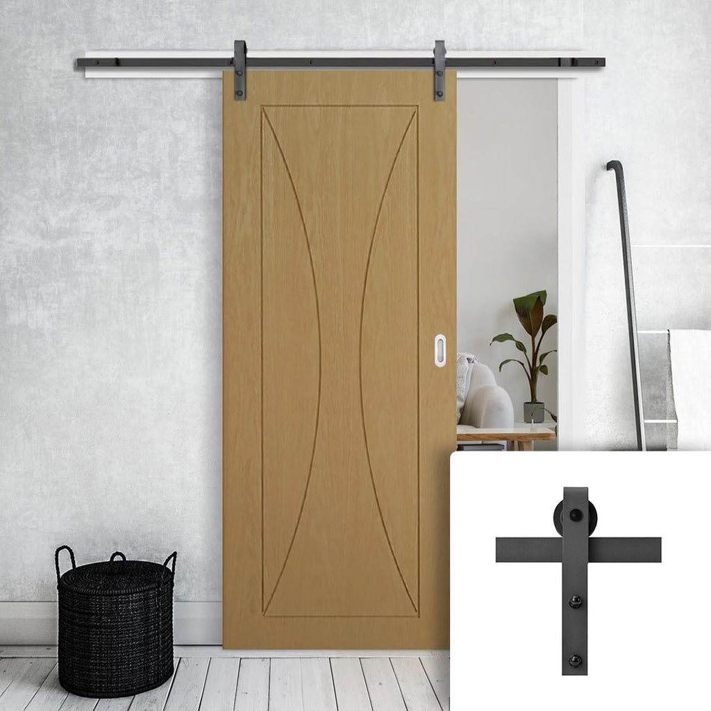 Single Sliding Door & Black Barn Track - Sorrento Oak Flush Door - Prefinished