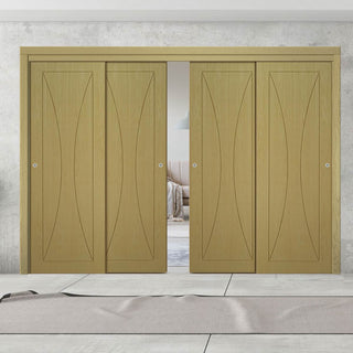 Image: Pass-Easi Four Sliding Doors and Frame Kit - Sorrento Oak Flush Door - Prefinished