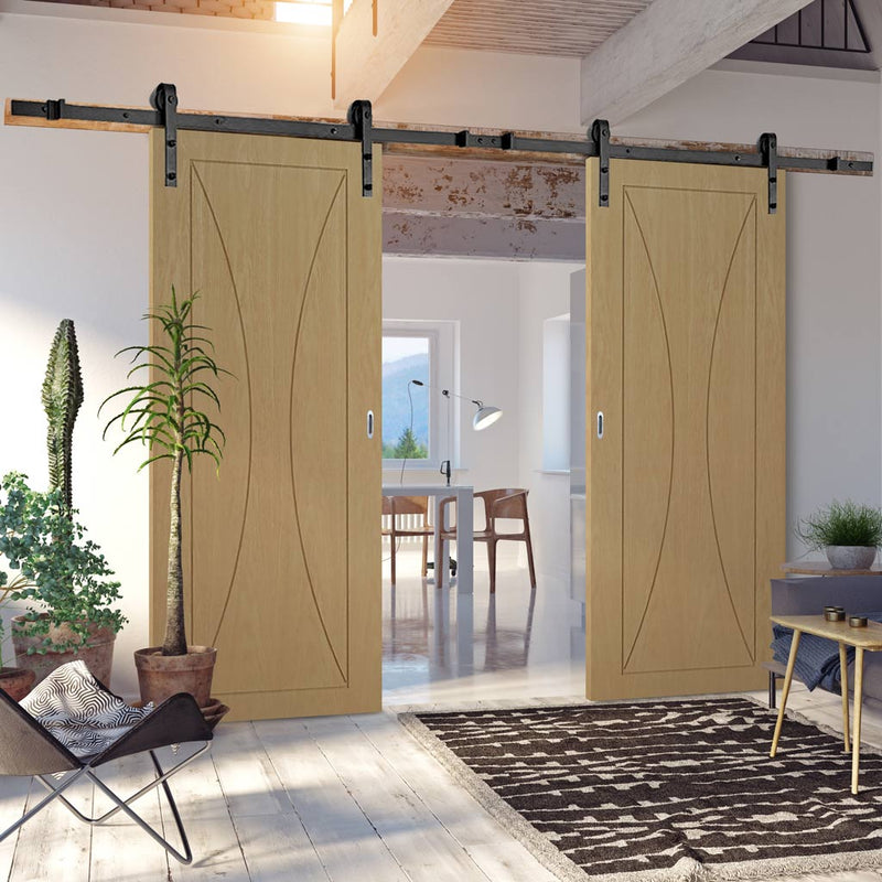 Double Sliding Door & Black Barn Track - Sorrento Oak Flush Door - Prefinished