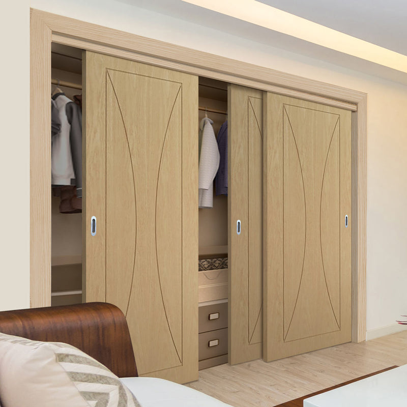 Three Sliding Maximal Wardrobe Doors & Frame Kit - Sorrento Oak Flush Door - Prefinished
