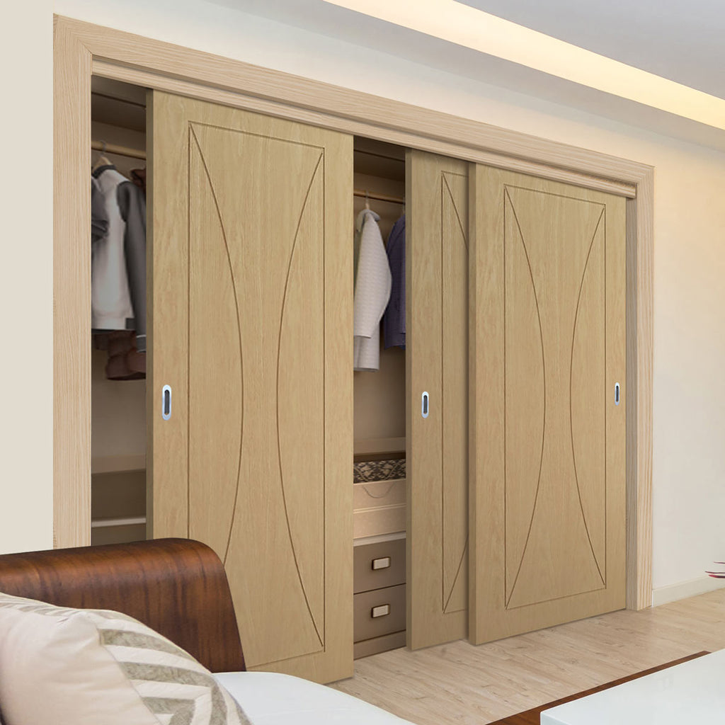 Three Sliding Maximal Wardrobe Doors & Frame Kit - Sorrento Oak Flush Door - Prefinished