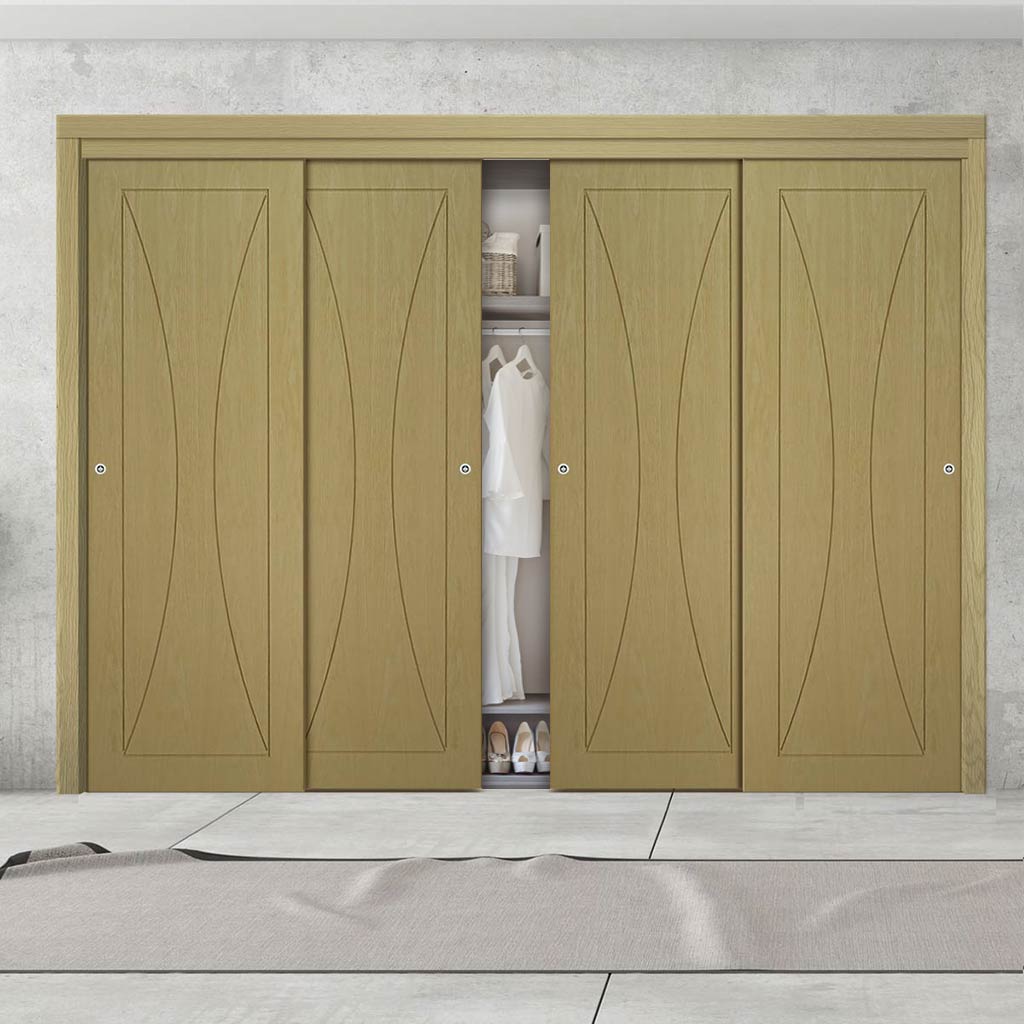 Four Sliding Maximal Wardrobe Doors & Frame Kit - Sorrento Oak Flush Door - Prefinished