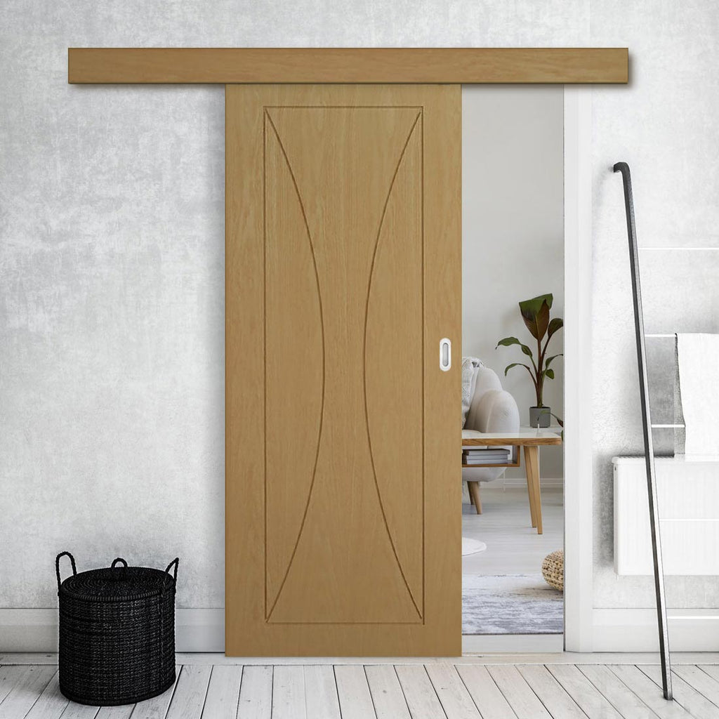 Single Sliding Door & Wall Track - Sorrento Oak Flush Door - Prefinished