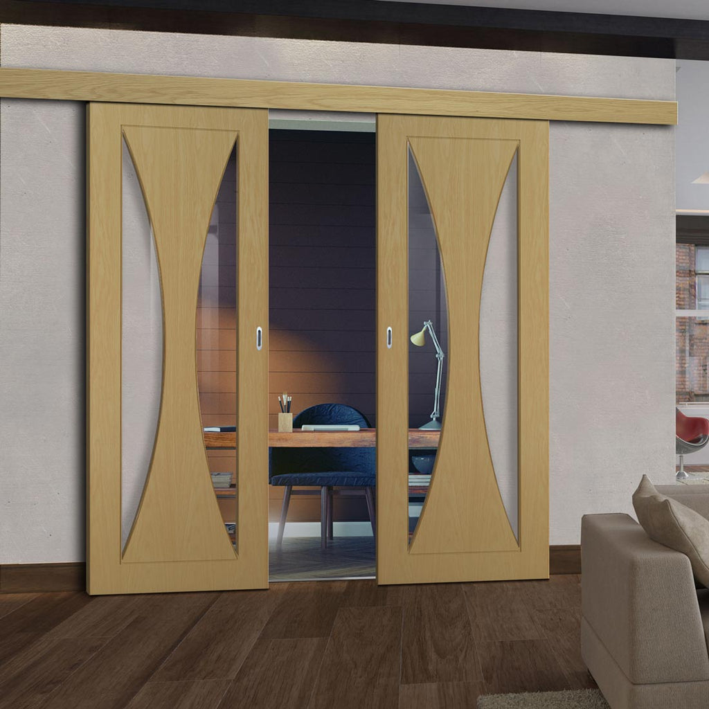 Double Sliding Door & Wall Track - Sorrento Oak Door - Clear Glass - Prefinished