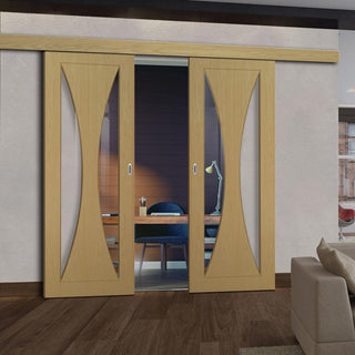 Image: Double Sliding Door & Wall Track - Sorrento Oak Door - Clear Glass - Prefinished