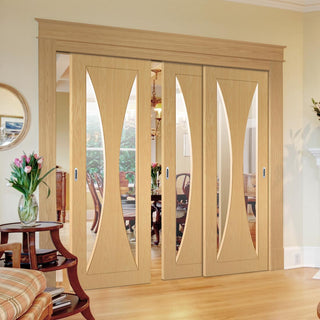 Image: Pass-Easi Three Sliding Doors and Frame Kit - Sorrento Oak Door - Clear Glass - Prefinished