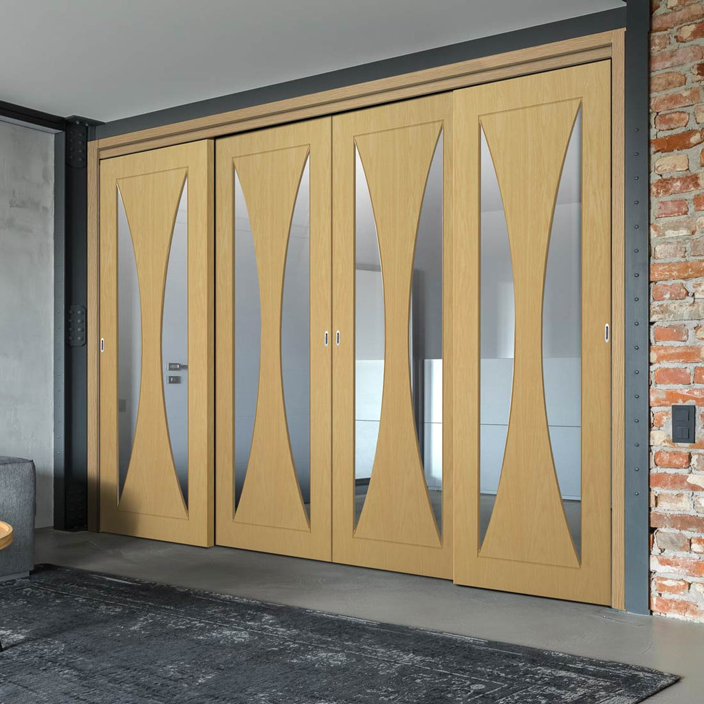 Pass-Easi Four Sliding Doors and Frame Kit - Sorrento Oak Door - Clear Glass - Prefinished