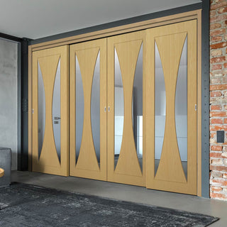 Image: Pass-Easi Four Sliding Doors and Frame Kit - Sorrento Oak Door - Clear Glass - Prefinished