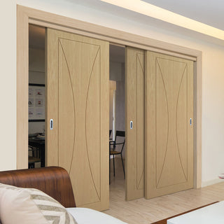 Image: Pass-Easi Three Sliding Doors and Frame Kit - Sorrento Oak Flush Door - Prefinished