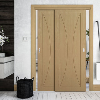 Image: Pass-Easi Two Sliding Doors and Frame Kit - Sorrento Oak Flush Door - Prefinished