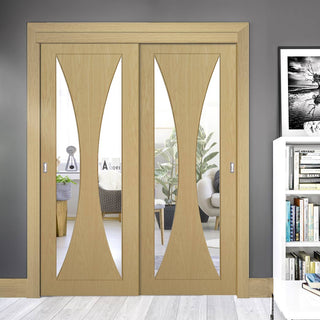 Image: Pass-Easi Two Sliding Doors and Frame Kit - Sorrento Oak Door - Clear Glass - Prefinished