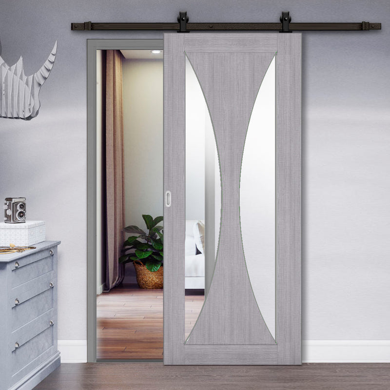 Top Mounted Black Sliding Track & Door - Sorrento Prefinished Light Grey Ash Door - Clear Glass