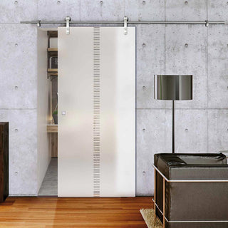 Image: Single Glass Sliding Door - Solaris Tubular Stainless Steel Sliding Track & Spott 8mm Obscure Glass - Clear Printed Design