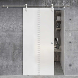 Image: Single Glass Sliding Door - Solaris Tubular Stainless Steel Sliding Track & Spott 8mm Obscure Glass - Obscure Printed Design