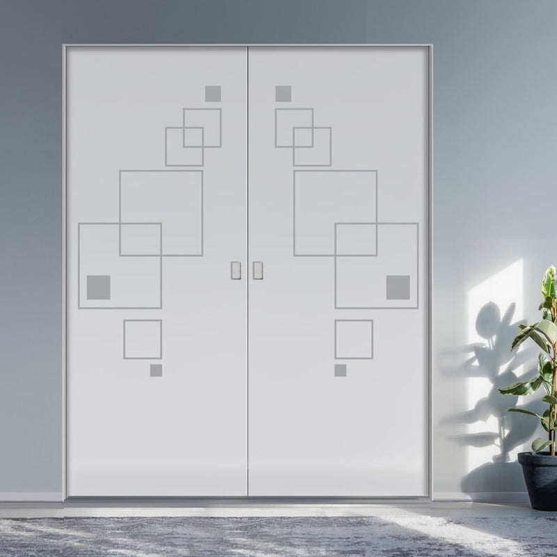 Geometric Square 8mm Obscure Glass - Obscure Printed Design - Double Absolute Pocket Door
