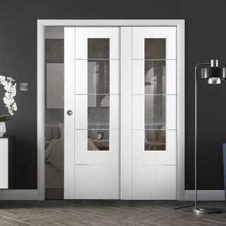 Image: Portici White Staffetta Twin Telescopic Pocket Doors - Clear Etched Glass - Aluminium Inlay - Prefinished