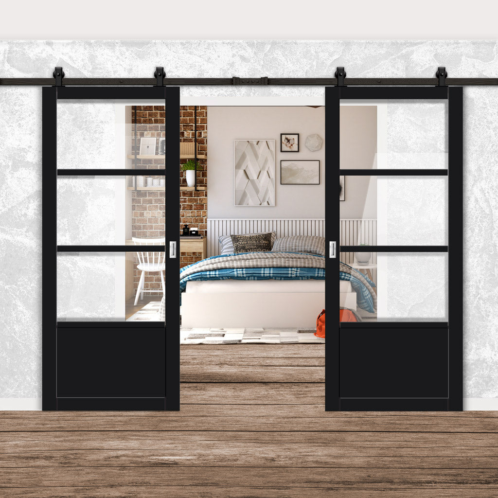 Top Mounted Black Sliding Track & Solid Wood Double Doors - Eco-Urban® Staten 3 Pane 1 Panel Doors DD6310G - Clear Glass - Shadow Black Premium Primed