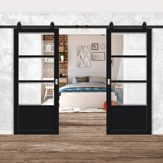 Image: Top Mounted Black Sliding Track & Solid Wood Double Doors - Eco-Urban® Staten 3 Pane 1 Panel Doors DD6310G - Clear Glass - Shadow Black Premium Primed