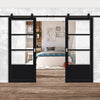 Top Mounted Black Sliding Track & Solid Wood Double Doors - Eco-Urban® Staten 3 Pane 1 Panel Doors DD6310G - Clear Glass - Shadow Black Premium Primed