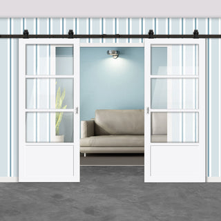 Image: Top Mounted Black Sliding Track & Solid Wood Double Doors - Eco-Urban® Staten 3 Pane 1 Panel Doors DD6310G - Clear Glass - Cloud White Premium Primed