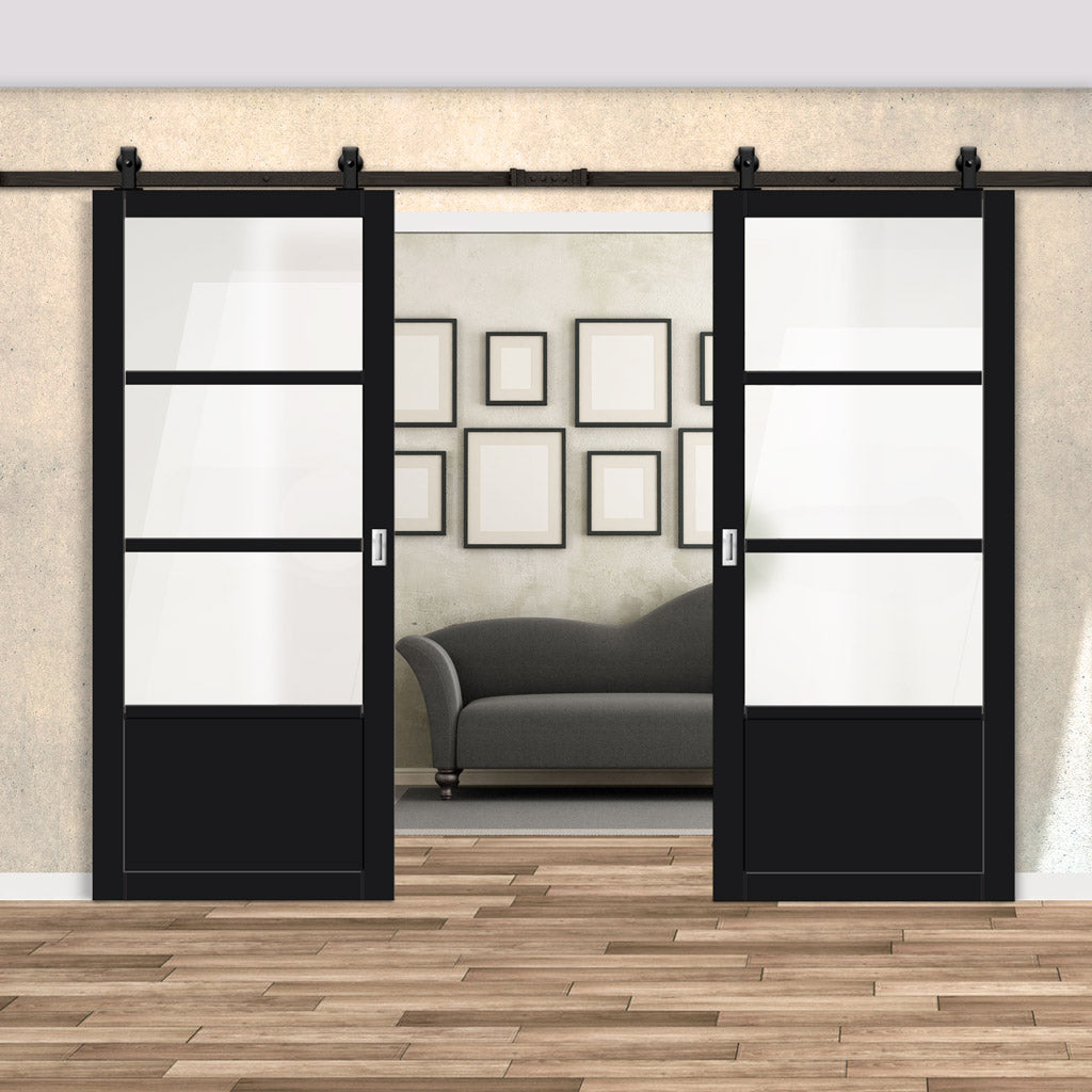 Top Mounted Black Sliding Track & Solid Wood Double Doors - Eco-Urban® Staten 3 Pane 1 Panel Doors DD6310SG - Frosted Glass - Shadow Black Premium Primed