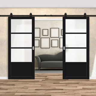 Image: Top Mounted Black Sliding Track & Solid Wood Double Doors - Eco-Urban® Staten 3 Pane 1 Panel Doors DD6310SG - Frosted Glass - Shadow Black Premium Primed