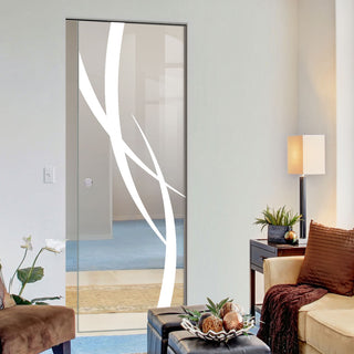 Image: Stenton 8mm Clear Glass - Obscure Printed Design - Single Absolute Pocket Door