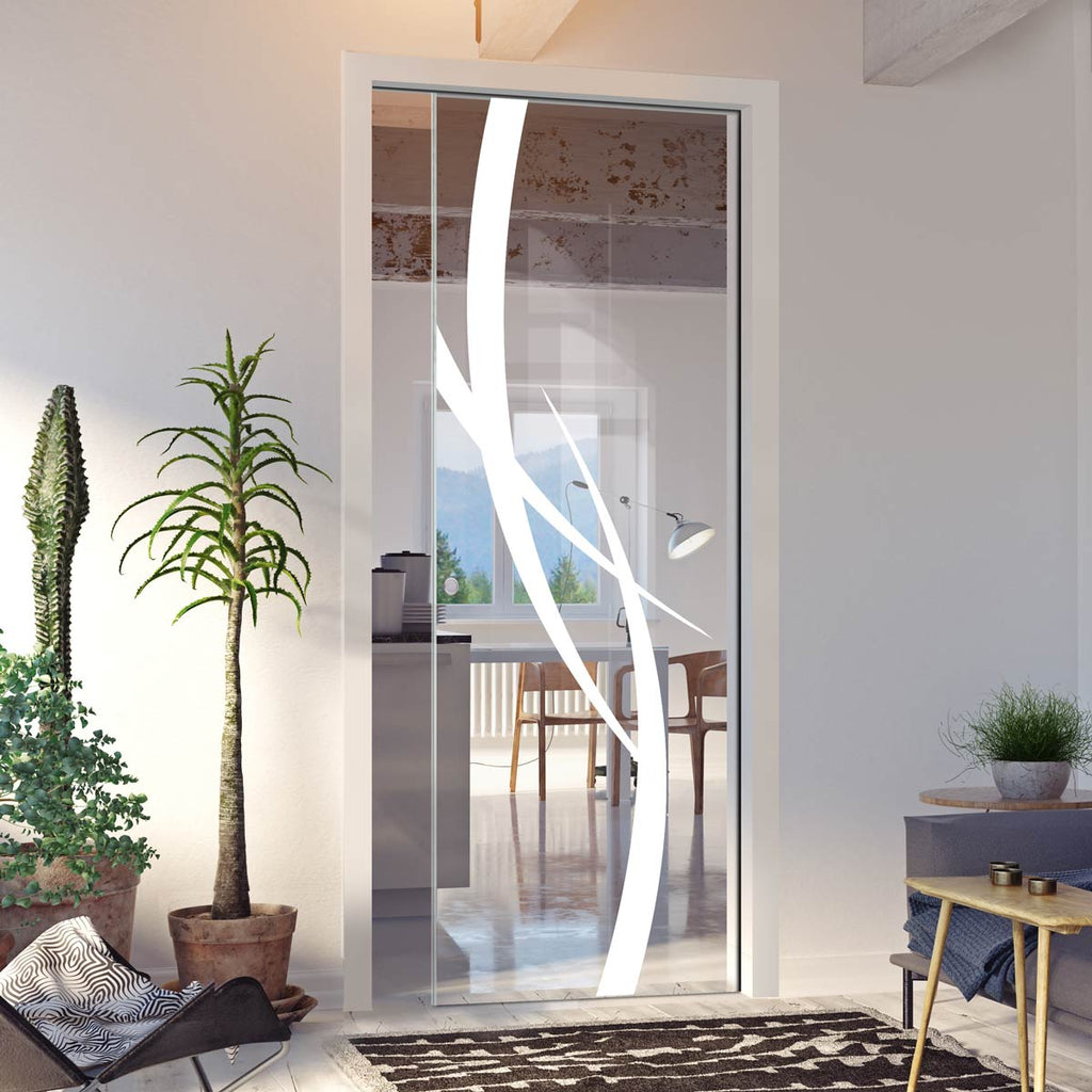 Stenton 8mm Clear Glass - Obscure Printed Design - Single Evokit Glass Pocket Door