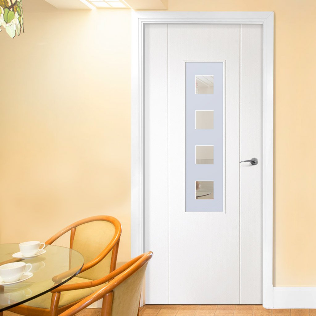 White PVC contemporary stirling door with lightly grained faces sandblast obscure toughened glass with clear squares 