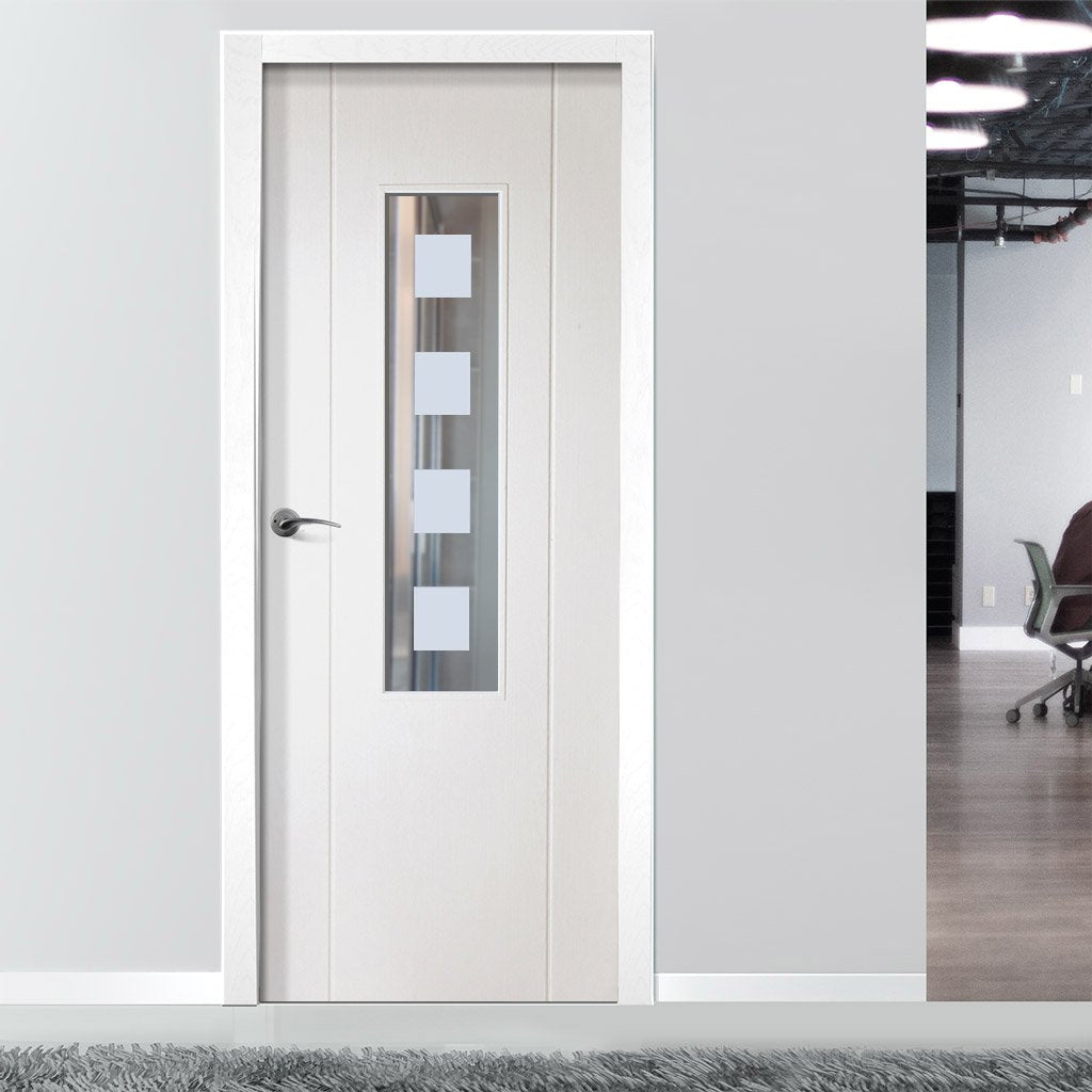 White PVC contemporary stirling door with lightly grained faces clear toughened glass with sandblast squares 