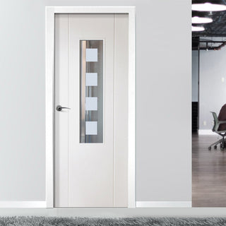 Image: White PVC contemporary stirling door with lightly grained faces clear toughened glass with sandblast squares 
