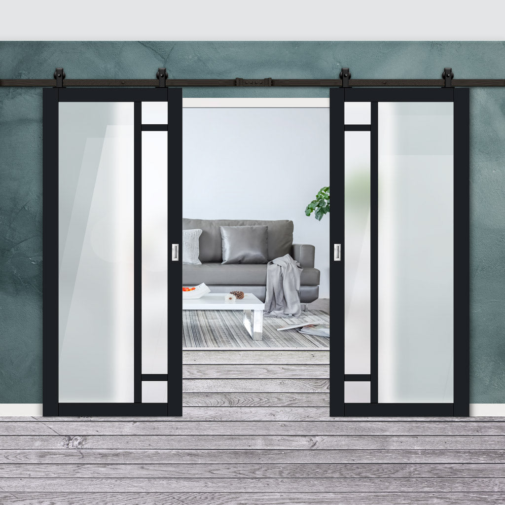 Top Mounted Black Sliding Track & Solid Wood Double Doors - Eco-Urban® Suburban 4 Pane Doors DD6411SG Frosted Glass - Shadow Black Premium Primed