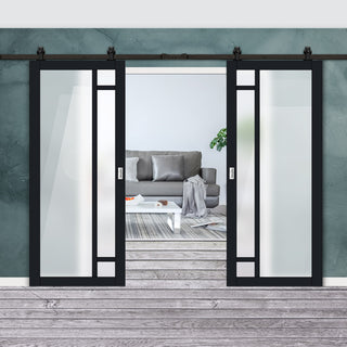 Image: Top Mounted Black Sliding Track & Solid Wood Double Doors - Eco-Urban® Suburban 4 Pane Doors DD6411SG Frosted Glass - Shadow Black Premium Primed