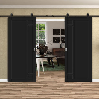 Image: Top Mounted Black Sliding Track & Solid Wood Double Doors - Eco-Urban® Suburban 4 Panel Doors DD6411 - Shadow Black Premium Primed