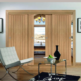 Image: Pass-Easi Four Sliding Doors and Frame Kit - Suffolk Essential Oak Door - Unfinished