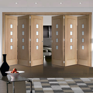Image: Bespoke Thrufold Contemporary Suffolk Oak 4 Pane Glazed Folding 3+3 Door