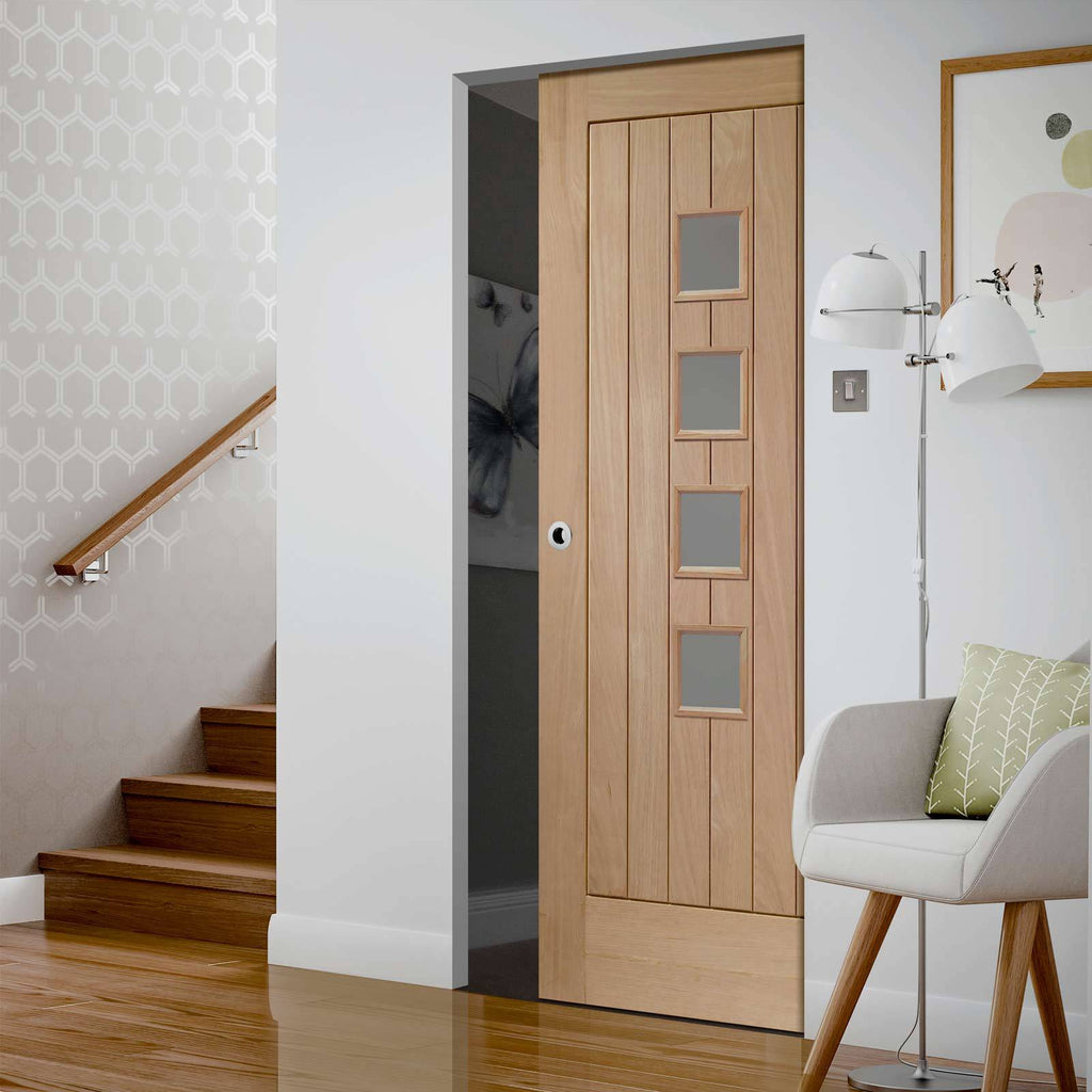 Bespoke Contemporary Suffolk Oak 4L Glazed Single Frameless Pocket Door