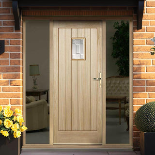 Image: Suffolk Exterior Oak Front Door and Frame Set - Part Frosted Double Glazing - Two Unglazed Side Screens