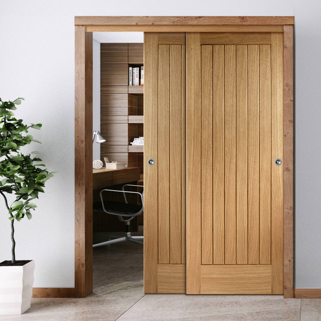 Pass-Easi Two Sliding Doors and Frame Kit - Suffolk Essential Oak Door - Unfinished