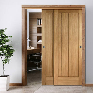 Image: Pass-Easi Two Sliding Doors and Frame Kit - Suffolk Essential Oak Door - Unfinished