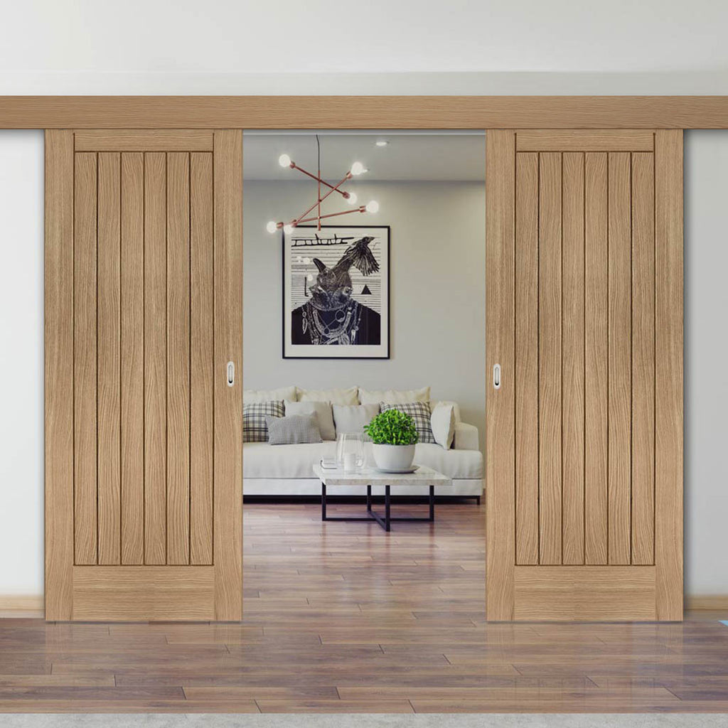 Double Sliding Door & Wall Track - Suffolk Essential Oak Door - Unfinished