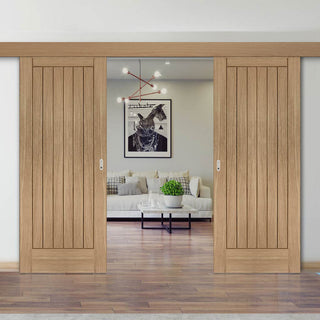 Image: Double Sliding Door & Wall Track - Suffolk Essential Oak Door - Unfinished