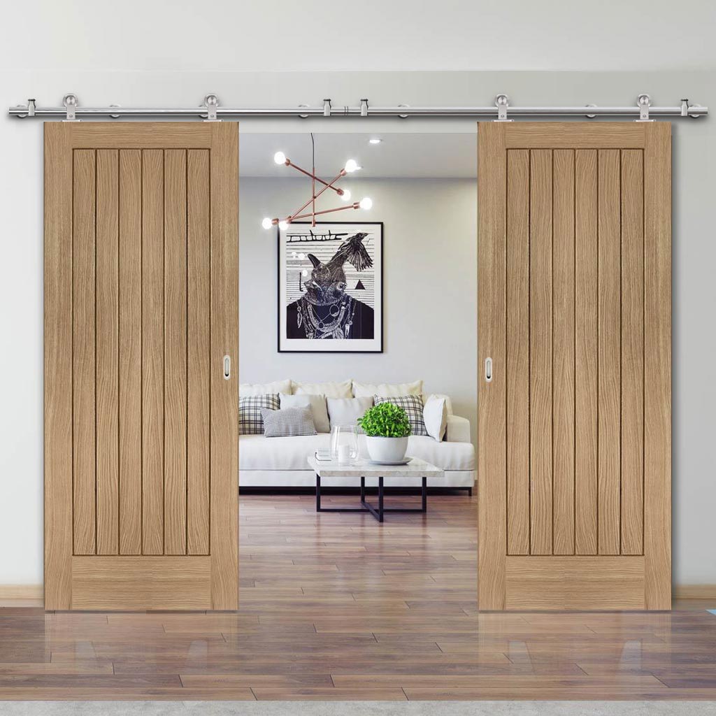 Sirius Tubular Stainless Steel Sliding Track & Suffolk Essential Oak Double Door - Unfinished