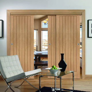 Image: Pass-Easi Three Sliding Doors and Frame Kit - Suffolk Essential Oak Door - Unfinished